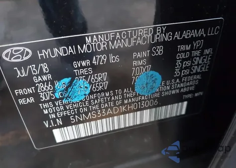 2019 Hyundai Santa Fe Sel из США, поврежденный, VIN 5NMS33AD1KH013006